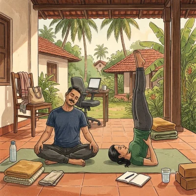 A man sits cross-legged with eyes closed and a calm face while, beside him on folded blankets, a woman holds a shoulder stand with her legs straight up