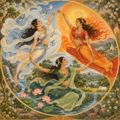 Three women in flowing saris joined hand to hand in a circle: one among clouds and birds for vāta, one in fire before the sun for pitta, and one seated among lotuses by water for kapha
