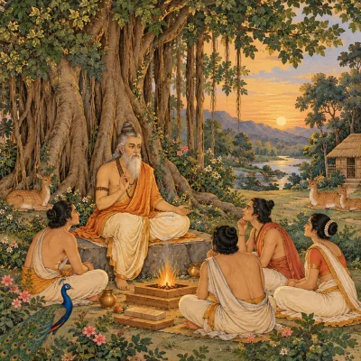 A rishi seated under a great banyan tree in a forest hermitage, a few students sitting close at his feet beside a small sacred fire, deer resting nearby