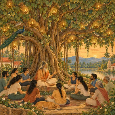 A great banyan tree hung with glowing oil lamps, sheltering a teacher and students of all ages who sit learning among its roots