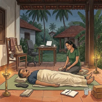 A teacher kneels on a mat beside a man lying in śavāsana under a light sheet on a tiled veranda at dusk, oil lamps glowing at his head and feet