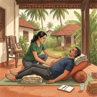 A yoga teacher in a green T-shirt kneels on a tiled veranda beside a man lying back on a bolster and folded blankets, her hand on his shoulder as she guides him to relax
