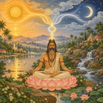 A sage meditating on a lotus beside a river at dawn, a stream of gold light from the sun and a stream of silver light from the crescent moon merging into one bright point above his head