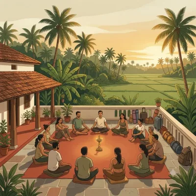Guests arriving at a Goan village homestay and gathering in an opening circle around a lamp