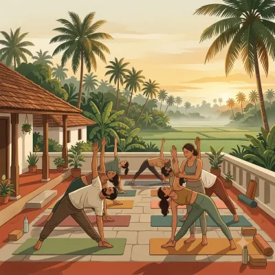 A small group practising postures on a terrace while a teacher guides a student