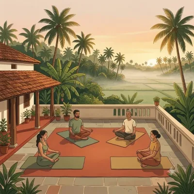 A small group practising slow breathing on a terrace at dawn among coconut palms
