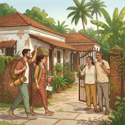 Guests with yoga mats waving goodbye to the host family at the homestay gate