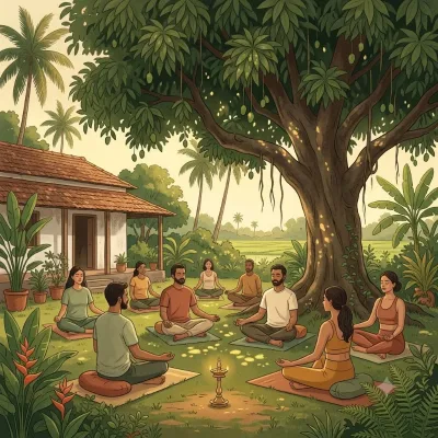 A small group meditating under a mango tree beside a brass lamp