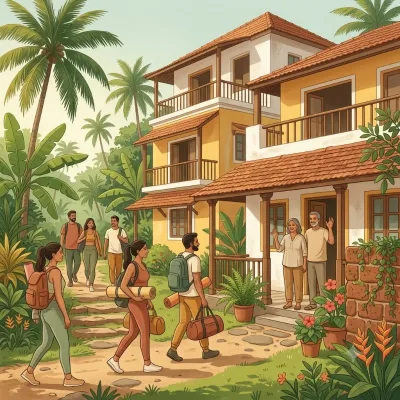 A white and yellow homestay among coconut palms welcoming guests with yoga mats