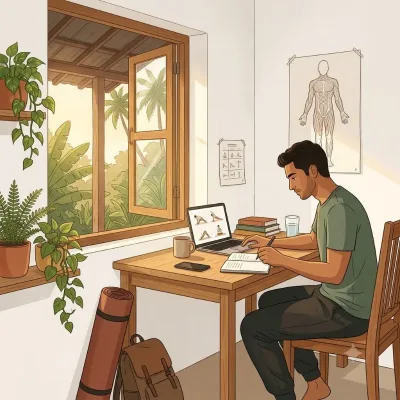 A student studying at a desk in the early morning beside a rolled yoga mat