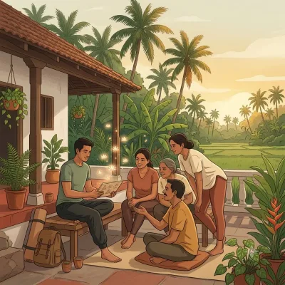 A student sharing an open book with neighbours under a banyan tree