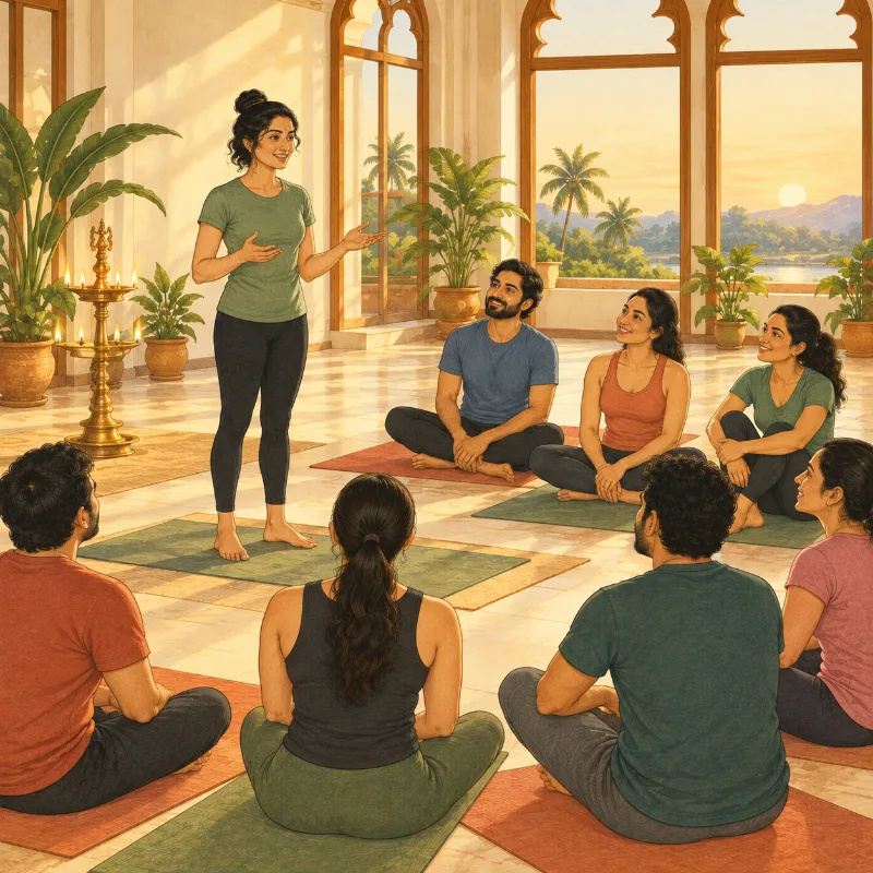 A student giving a short talk at the front of a morning yoga class while classmates listen