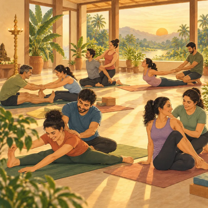 Students in a bright yoga hall helping each other with gentle partner stretches