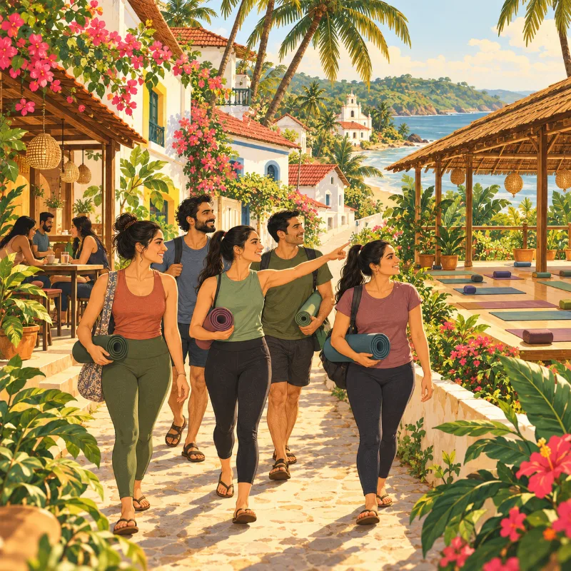 Yoga students carrying rolled mats along a sunny Goan lane, past a small yoga studio, a café and whitewashed houses
