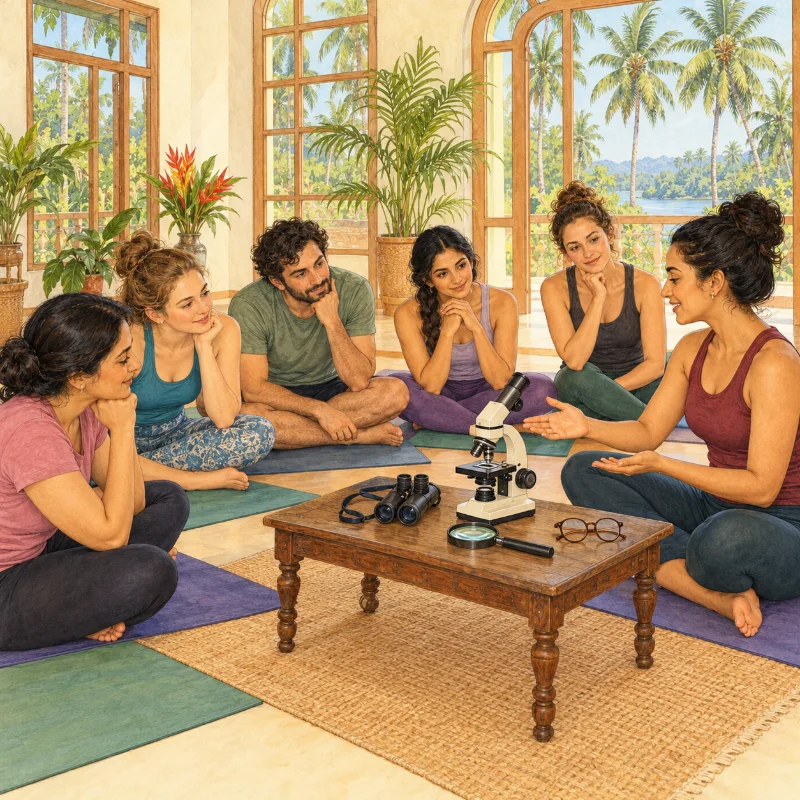 Yoga students in activewear sitting on mats around a low table that holds a microscope, binoculars, a magnifying glass and spectacles, in a bright room with palm trees outside